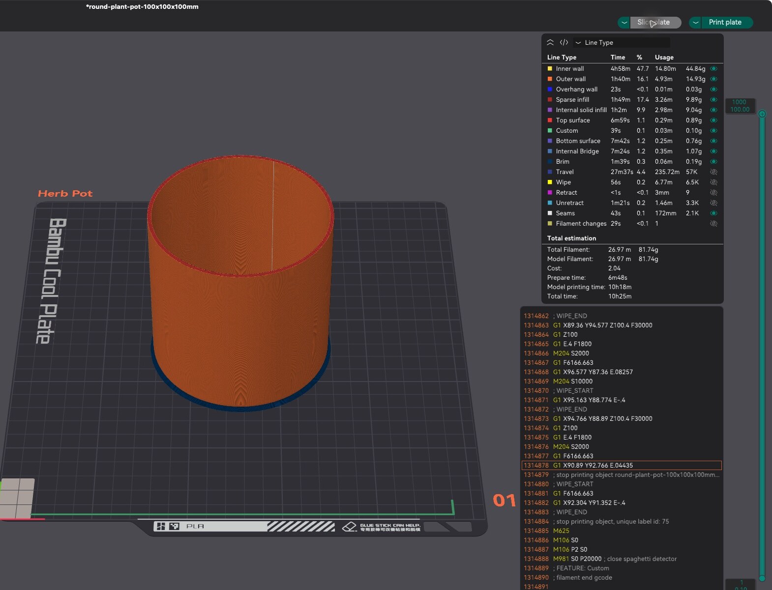 OrcaSlicer preview of the sliced Herb pot on the build plate, with line types and a layer slider visible.