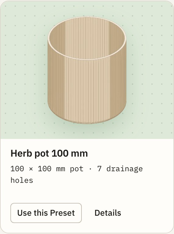 Herb pot 100 mm Preset card in the Plant pots collection, with its size, drainage holes, and links to use or view it.