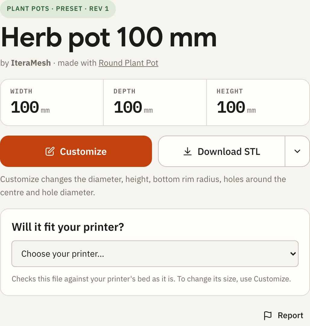 Herb pot 100 mm Preset panel showing its dimensions, Customize and Download STL buttons, and the printer fit selector.